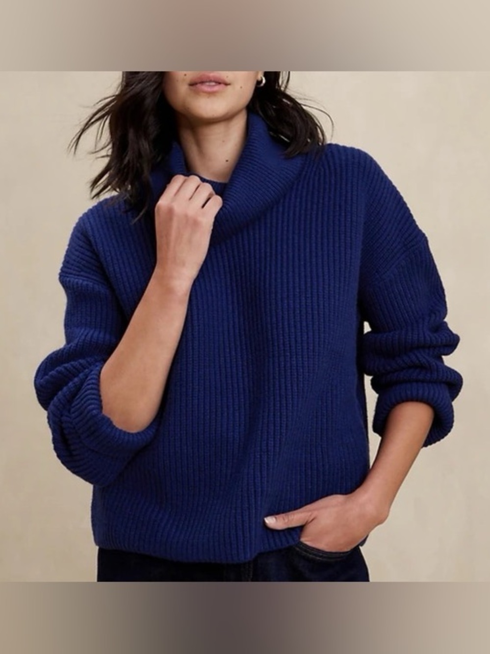 Free People Swim Too Deep Oversized Chunky Knit Blue Turtleneck Tunic Sweater